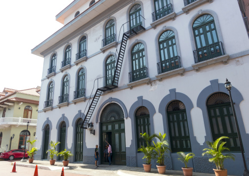 Panama, Province Of Panama, Panama City, Beautiful Spanish Colonial House With Wrought Iron And Plants Of The Old District In Casco Viejo