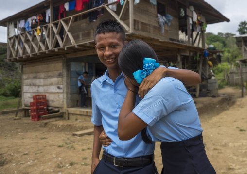 Panama, Darien Province, Bajo Chiquito, Teenagers Of The Native Indian Embera Tribe In Western Clothes