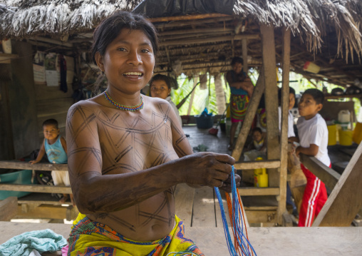 Panama, Darien Province, Bajo Chiquito, Woman Of The Native Indian Embera Tribe Is Ceremonially Decorated With Jagua Bodypaint
