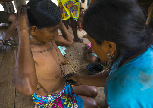 Panama, Darien Province, Bajo Chiquito, Woman Of The Native Indian Embera Tribe Is Ceremonially Decorated With Jagua Bodypaint