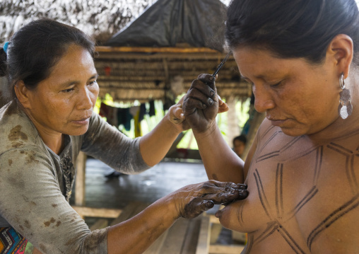 Panama, Darien Province, Bajo Chiquito, Woman Of The Native Indian Embera Tribe Is Ceremonially Decorated With Jagua Bodypaint