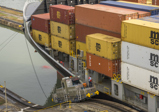 Panama, Province Of Panama, Panama City, Container Ship Passing Through The Miraflores Locks In The Panama Canal