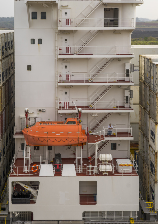 Panama, Province Of Panama, Panama City, Container Ship Passing Through The Miraflores Locks In The Panama Canal