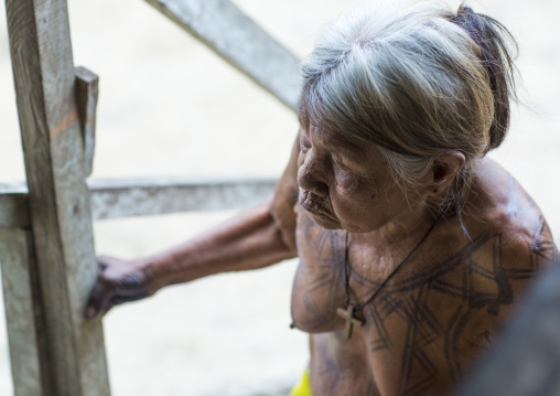 Panama, Darien Province, Puerta Lara, Woman Of Wounaan Native Community With Ink Tattoos