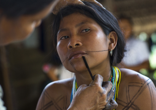 Panama, Darien Province, Bajo Chiquito, Woman Of The Native Indian Embera Tribe Is Ceremonially Decorated With Jagua Bodypaint