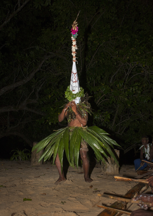 Man with a giant headwear during a Malagan tatuana masks dance, New Ireland Province, Langania, Papua New Guinea
