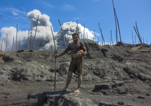 Man digging to find megapode birds eggs in Tavurvur volcano ashes, East New Britain Province, Rabaul, Papua New Guinea