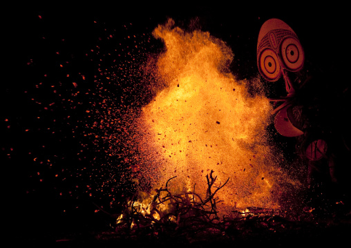 Dancer with a giant mask during a Baining tribe fire dance, East New Britain Province, Rabaul, Papua New Guinea