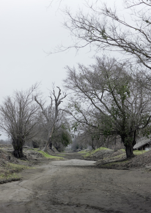 Road after a volcanic eruption in tavurvur volcano, East New Britain Province, Rabaul, Papua New Guinea