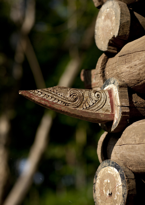 Decorations of a yam house in a village to store the roots, Milne Bay Province, Trobriand Island, Papua New Guinea