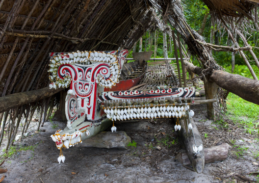 Traditional canoe with carved and painted decorations, Milne Bay Province, Trobriand Island, Papua New Guinea