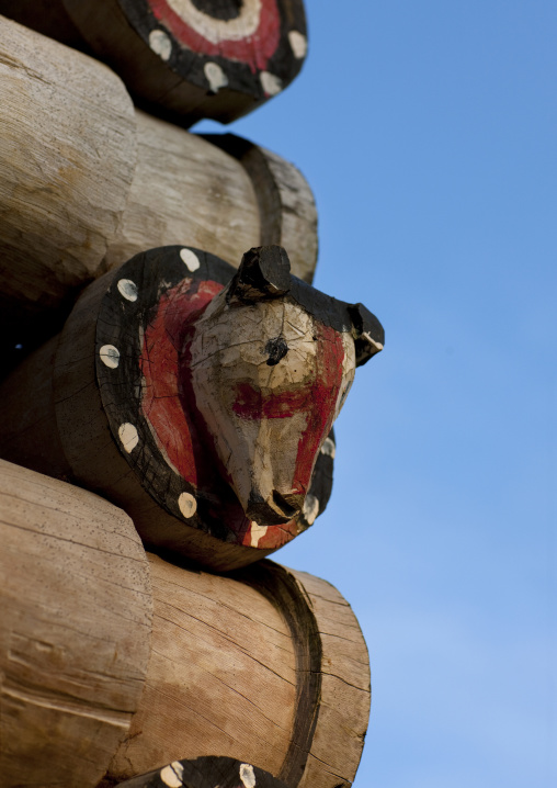 Decorations of a yam house in a village to store the roots, Milne Bay Province, Trobriand Island, Papua New Guinea