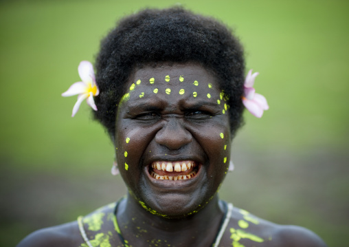 Portrait of a smiling woman in traditional clothing, Autonomous Region of Bougainville, Bougainville, Papua New Guinea
