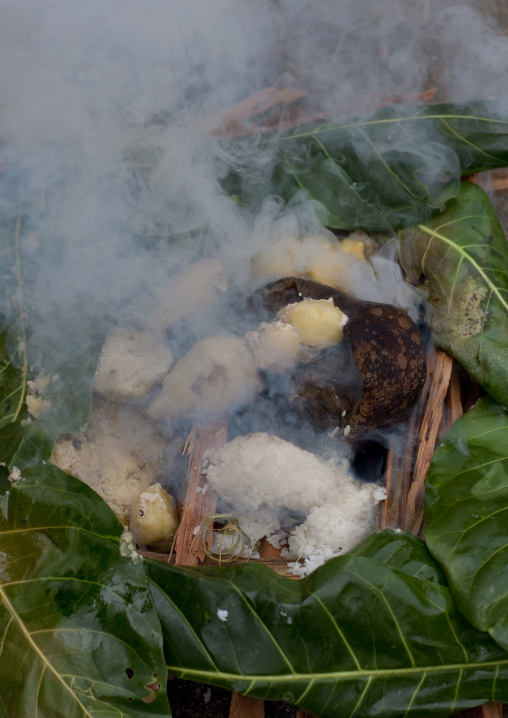 Traditional oven made with stones and leaves, Autonomous Region of Bougainville, Bougainville, Papua New Guinea
