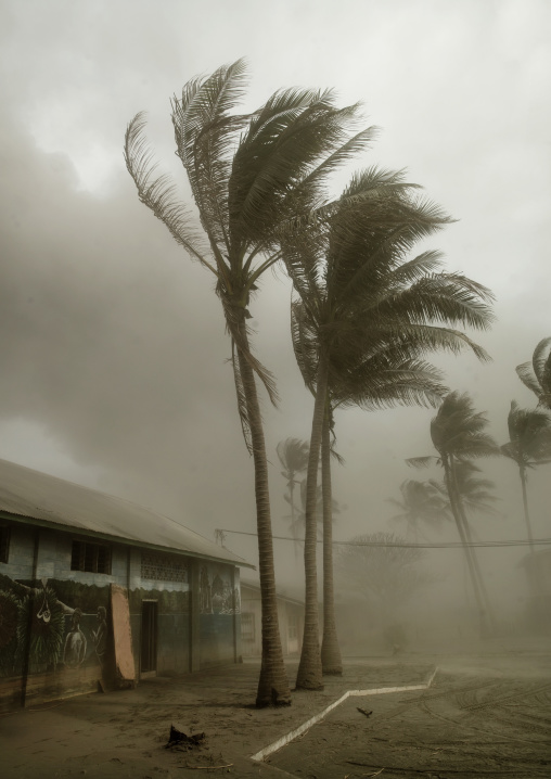 Rabaul hotel under a volcanic eruption in tavurvur volcano, East New Britain Province, Rabaul, Papua New Guinea