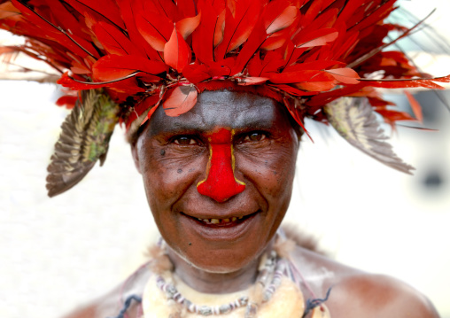 Portrait of a Chimbu tribe woman with headdress made of feathers during a Sing-sing, Western Highlands Province, Mount Hagen, Papua New Guinea