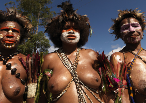 Costal tribe topless women duting a sing sing ceremony, Western Highlands Province, Mount Hagen, Papua New Guinea