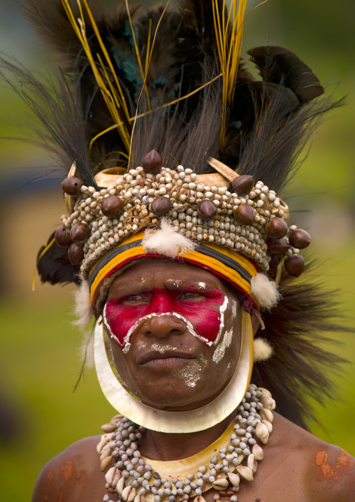 Portrait of a Chimbu tribe woman with headdress made of feathers during a Sing-sing, Western Highlands Province, Mount Hagen, Papua New Guinea