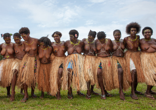 Women in traditional clothing dancing in line, Autonomous Region of Bougainville, Bougainville, Papua New Guinea