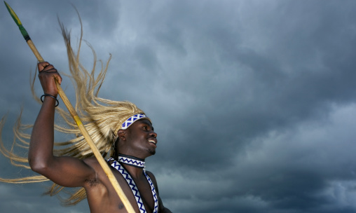 Traditional intore dancer during a folklore event in a village of former hunters, Lake Kivu, Ibwiwachu, Rwanda