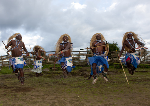 Traditional intore dancers during a folklore event in a village of former hunters, Lake Kivu, Ibwiwachu, Rwanda
