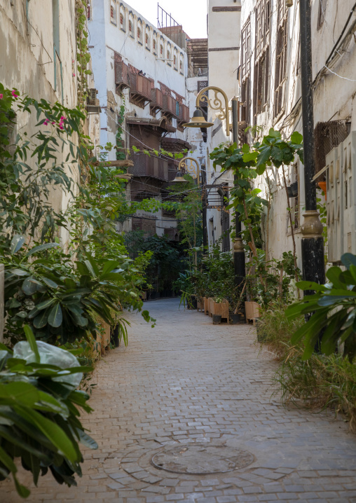 Old houses with wooden mashrabiyas in al-Balad quarter, Mecca province, Jeddah, Saudi Arabia
