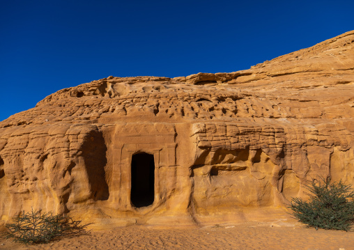 Nabataean tomb in al-Hijr archaeological site in Madain Saleh, Al Madinah Province, Alula, Saudi Arabia