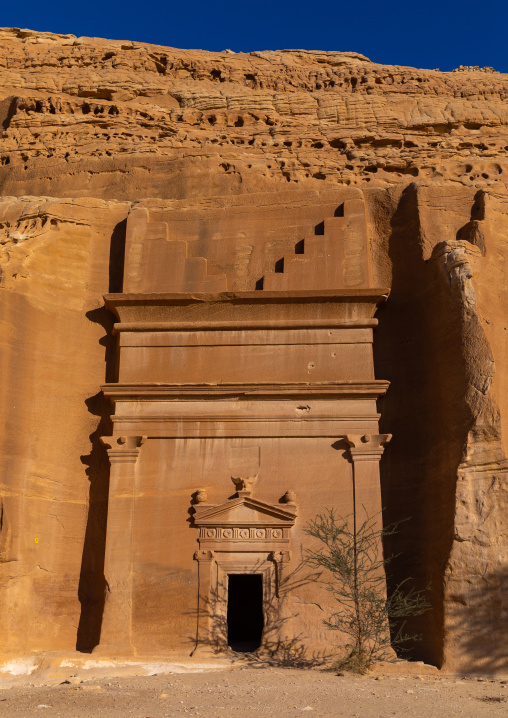 Nabataean tomb in al-Hijr archaeological site in Madain Saleh, Al Madinah Province, Alula, Saudi Arabia
