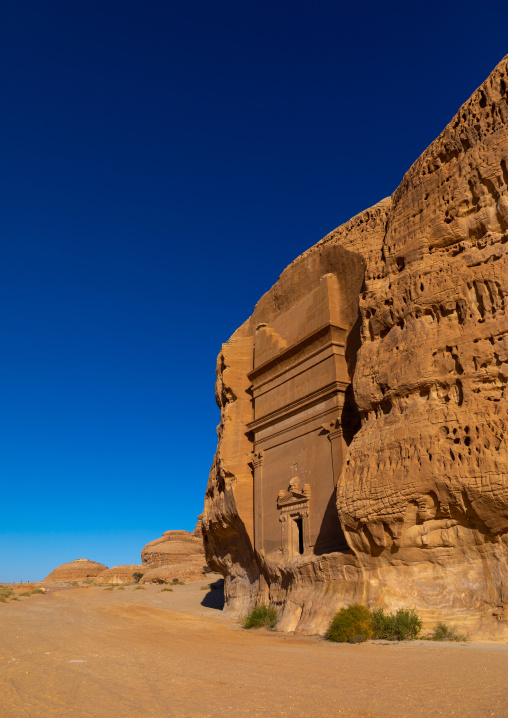 Nabataean tomb in al-Hijr archaeological site in Madain Saleh, Al Madinah Province, Alula, Saudi Arabia