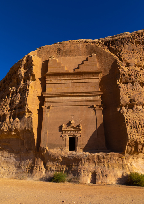 Nabataean tomb in al-Hijr archaeological site in Madain Saleh, Al Madinah Province, Alula, Saudi Arabia