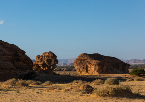Nabataean tombs in al-Hijr archaeological site in Madain Saleh, Al Madinah Province, Alula, Saudi Arabia