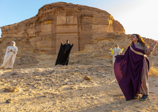 Saudi actors during an historical play in an open air theater in Madain Saleh, Al Madinah Province, Alula, Saudi Arabia