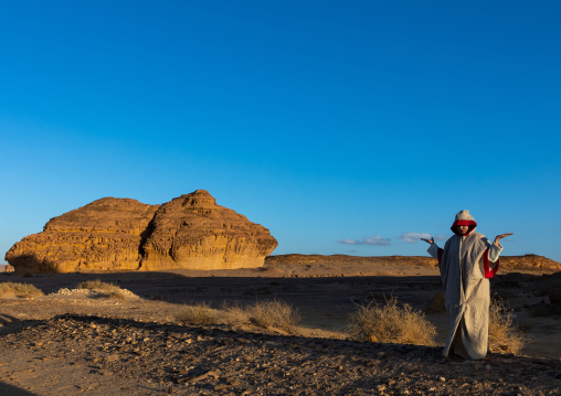 Saudi actor during an historical play in an open air theater in Madain Saleh, Al Madinah Province, Alula, Saudi Arabia