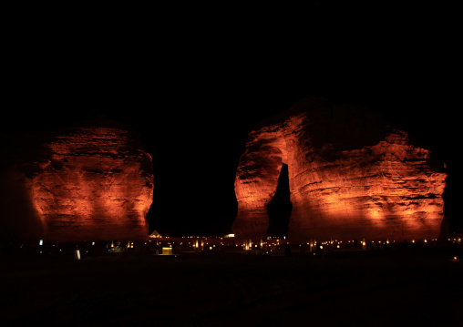 Elephant rock in Madain Saleh archaeologic site during winter at Tantora festival, Al Madinah Province, Alula, Saudi Arabia