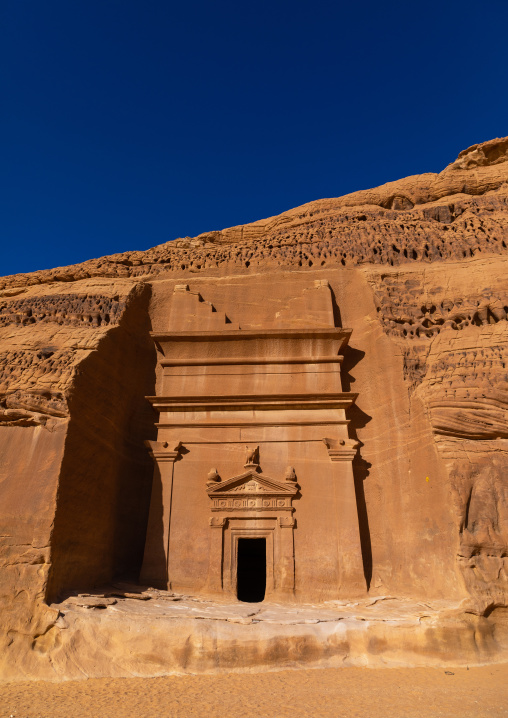 Nabataean tomb in al-Hijr archaeological site in Madain Saleh, Al Madinah Province, Alula, Saudi Arabia