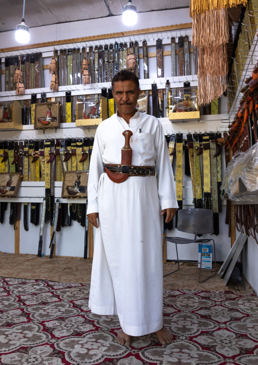 Portrait of saudi man selling jambiyas, Najran Province, Najran, Saudi Arabia