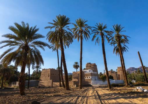 Traditional old mud house in the middle of plam trees, Najran Province, Najran, Saudi Arabia