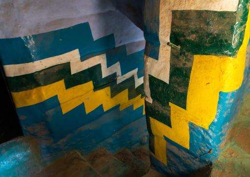 Colorful painted stairs in a traditional mud house, Asir province, Dahran Aljanub, Saudi Arabia