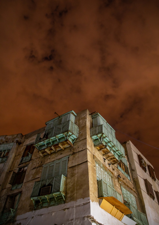 Historic house with wooden mashrabiyas in al-Balad quarter at night, Mecca province, Jeddah, Saudi Arabia