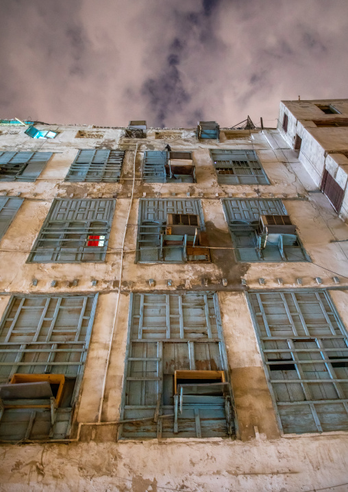 Historic house with wooden mashrabiyas in al-Balad quarter at night, Mecca province, Jeddah, Saudi Arabia