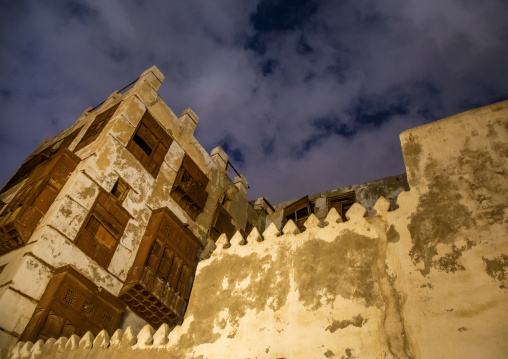 Historic house with wooden mashrabiyas in al-Balad quarter at night, Mecca province, Jeddah, Saudi Arabia