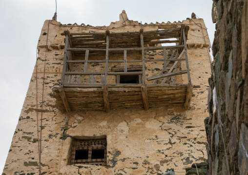Wooden balcony on al-Namas fort, Al-Bahah region, Altawlah, Saudi Arabia