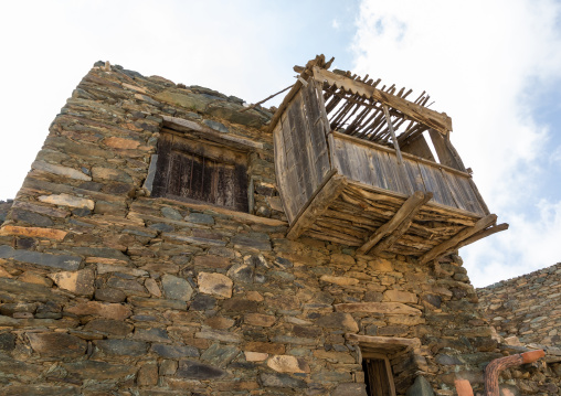 Wooden balcony on al-Namas fort, Al-Bahah region, Altawlah, Saudi Arabia