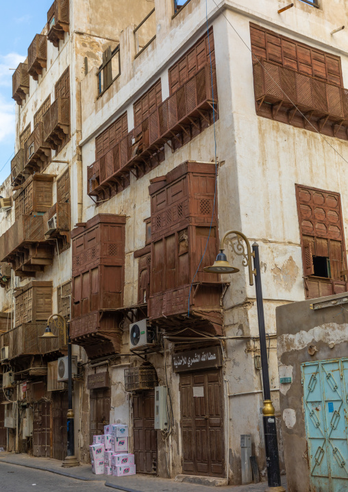 Old houses with wooden mashrabiyas in al-Balad quarter, Mecca province, Jeddah, Saudi Arabia