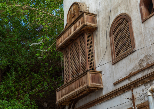 Wooden mashrabiya of an old house in al-Balad quarter, Mecca province, Jeddah, Saudi Arabia