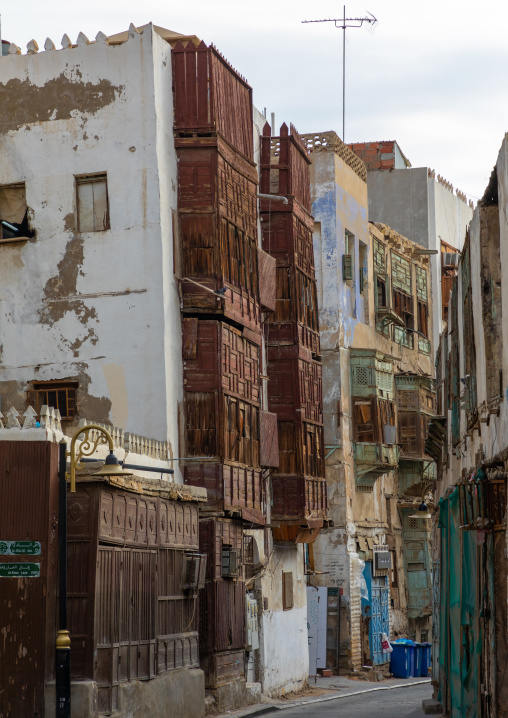 Old houses with wooden mashrabiyas in al-Balad quarter, Mecca province, Jeddah, Saudi Arabia
