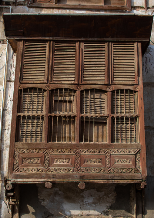 Wooden mashrabiya of an old house in al-Balad quarter, Mecca province, Jeddah, Saudi Arabia