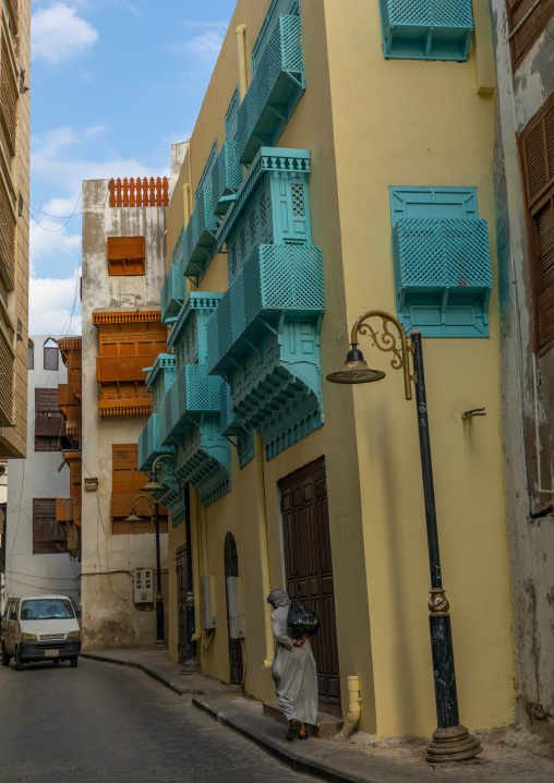 Old houses with wooden mashrabiyas in al-Balad quarter, Mecca province, Jeddah, Saudi Arabia