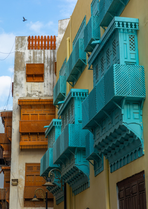 Old houses with wooden mashrabiyas in al-Balad quarter, Mecca province, Jeddah, Saudi Arabia