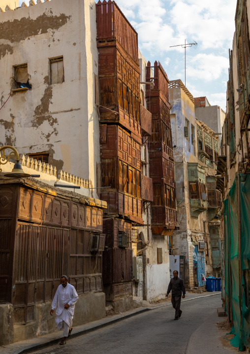 Old houses with wooden mashrabiyas in al-Balad quarter, Mecca province, Jeddah, Saudi Arabia